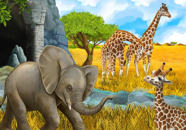 Cartoon safari scene with elephant and giraffes on the meadow beautiful illustration for children — Stock Photo, Image