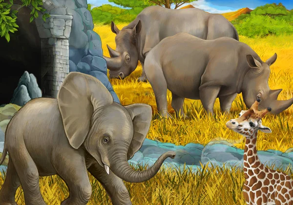 Cartoon safari scene with elephant and giraffes on the meadow beautiful illustration for children — Stock Photo, Image