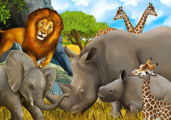 Kreslená safari scéna se slonem a žirafami na louce krásná ilustrace pro děti — Stock fotografie