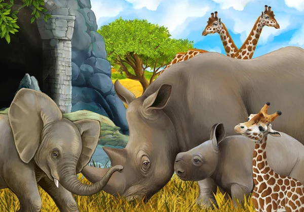 Escena de safari de dibujos animados con elefante y jirafas en el prado hermosa ilustración para niños —  Fotos de Stock