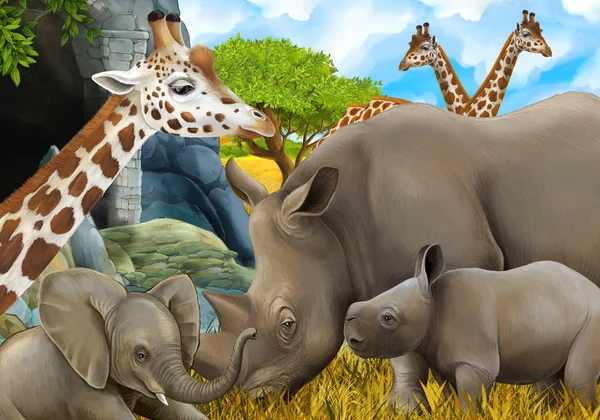 Cartoon safari scene with elephant and giraffes on the meadow beautiful illustration for children — Stock Photo, Image