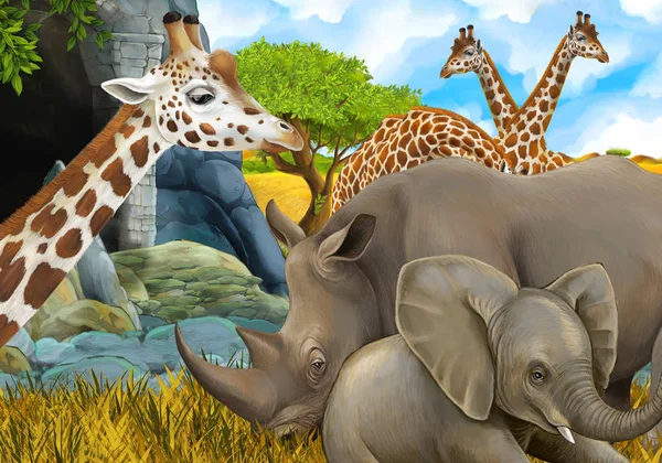 Escena de safari de dibujos animados con elefante y jirafas en el prado hermosa ilustración para niños —  Fotos de Stock
