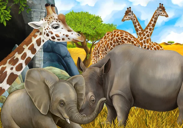 Cartoon safari scene with elephant and giraffes on the meadow beautiful illustration for children — Stock Photo, Image