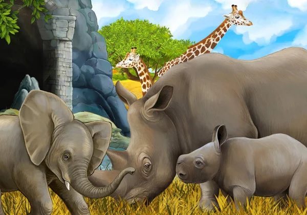 Scena safari del fumetto con elefante e giraffe sul prato bella illustrazione per bambini — Foto Stock