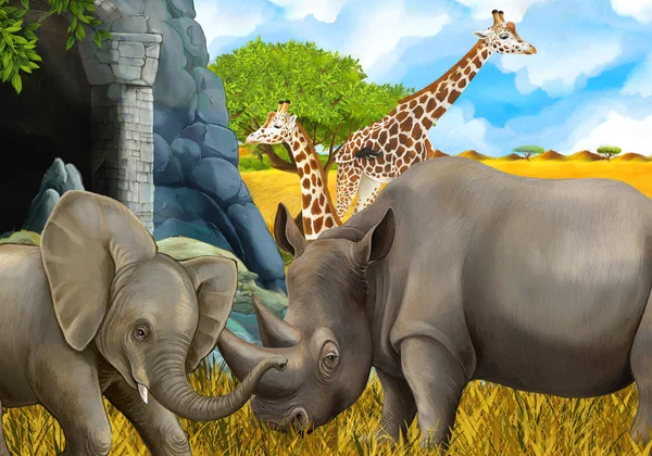 Cartoon safari scene with elephant and giraffes on the meadow beautiful illustration for children — Stock Photo, Image