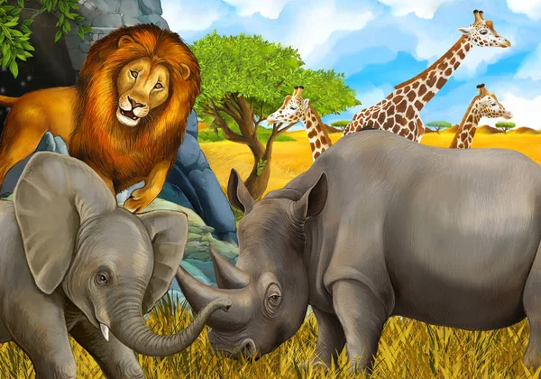 Cartoon safari scene with elephant and giraffes on the meadow beautiful illustration for children — ストック写真