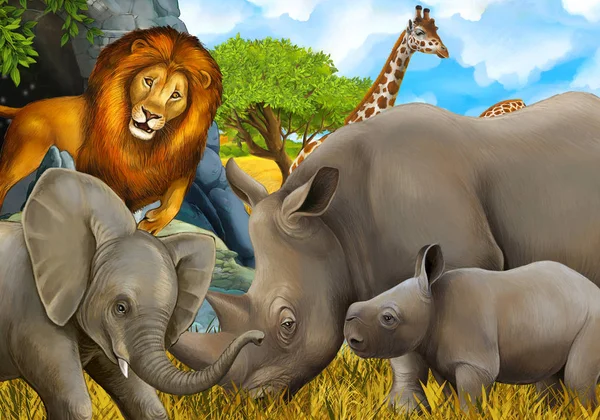 Cartoon safari scene with elephant and giraffes on the meadow beautiful illustration for children — Stock Photo, Image