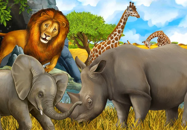 Сцена сафари со слоном и жирафами на лугу красивая иллюстрация для детей — стоковое фото