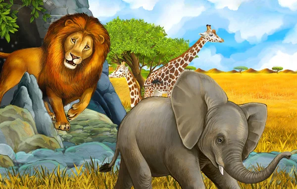 Cartoon safari scene with elephant and giraffes on the meadow beautiful illustration for children — ストック写真