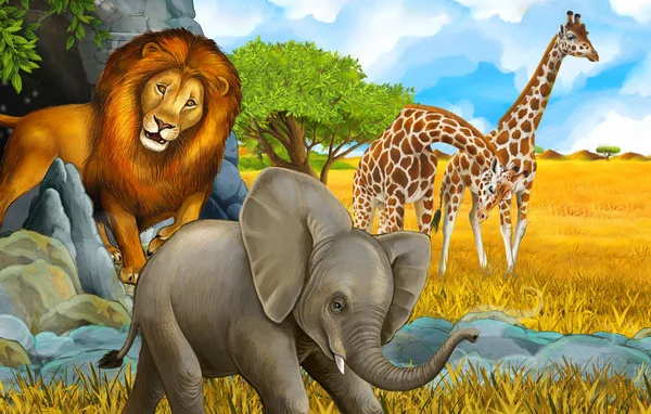 Cartoon safari scene with elephant and giraffes on the meadow beautiful illustration for children — ストック写真