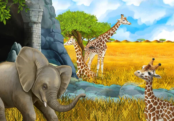 Cartoon safari scene with elephant and giraffes on the meadow beautiful illustration for children — Stock Photo, Image