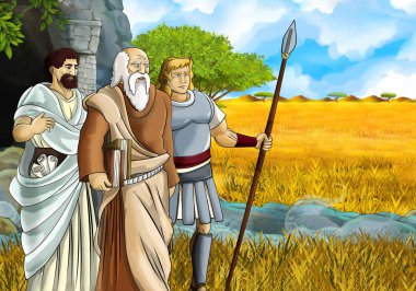 Yunan ya da Romalı karakter filozofu ya da savaşçının mağarayı keşfettiği safari sahnesi - çocuklar için illüstrasyon