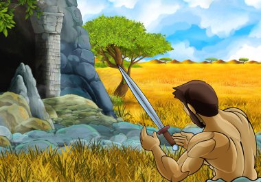 Yunan ya da Romalı karakter filozofu ya da savaşçının mağarayı keşfettiği safari sahnesi - çocuklar için illüstrasyon