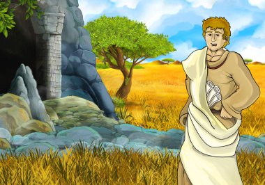 Yunan ya da Romalı karakter filozofu ya da savaşçının mağarayı keşfettiği safari sahnesi - çocuklar için illüstrasyon