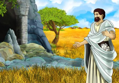 Yunan ya da Romalı karakter filozofu ya da savaşçının mağarayı keşfettiği safari sahnesi - çocuklar için illüstrasyon
