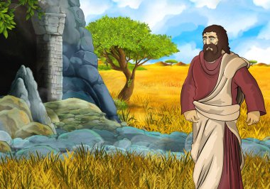 Yunan ya da Romalı karakter filozofu ya da savaşçının mağarayı keşfettiği safari sahnesi - çocuklar için illüstrasyon