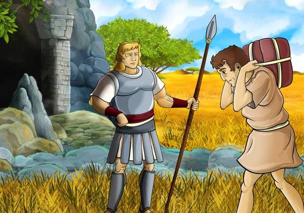 Scena safari z kreskówek greckich lub rzymskich postaci filozof lub wojownik odkrywając jaskini - ilustracja dla dzieci — Zdjęcie stockowe