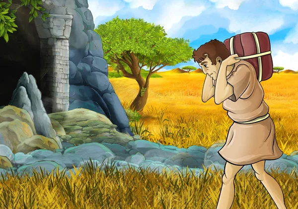 cartoon safari scene with greek or roman character philosopher or warrior discovering the cave - illustration for children