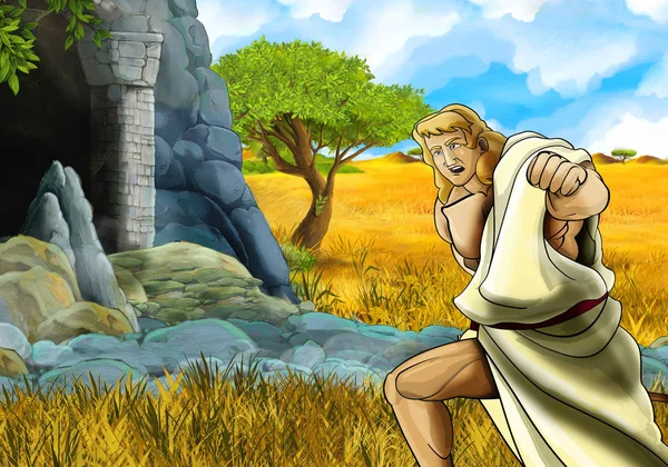Zeichentrick-Safari mit griechischem oder römischem Philosophen oder Krieger bei der Entdeckung der Höhle - Illustration für Kinder — Stockfoto
