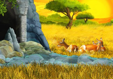 çocuklar için dağların yakınındaki çayırda antilop ailesinin olduğu çizgi film safari sahnesi
