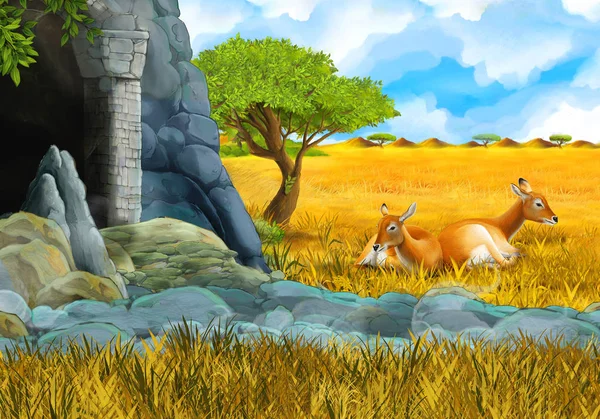 Cartoon safari scene with antelope family on the meadow near the mountain illustration for children — Stock Photo, Image