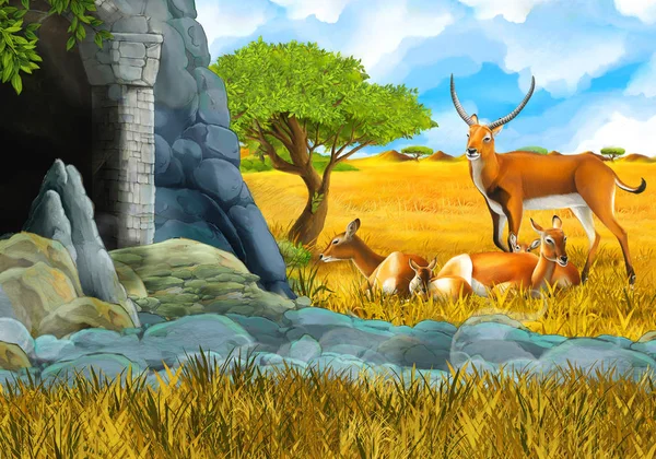 Cena de safári de desenhos animados com família antílope no prado perto da ilustração da montanha para crianças — Fotografia de Stock