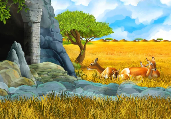 Cena de safári de desenhos animados com família antílope no prado perto da ilustração da montanha para crianças — Fotografia de Stock