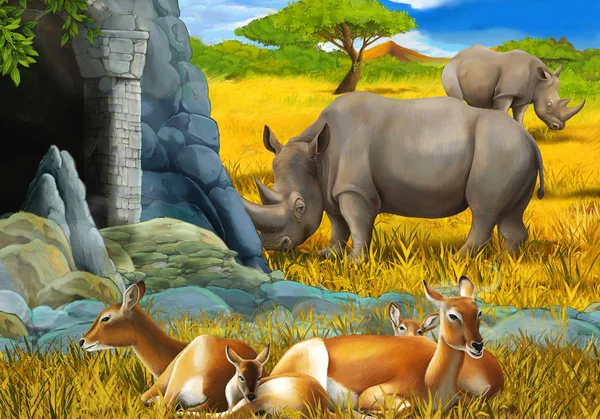 Cartoon safari scene with antelope family and rhinoceros rhino on the meadow near the mountain illustration for children — 스톡 사진