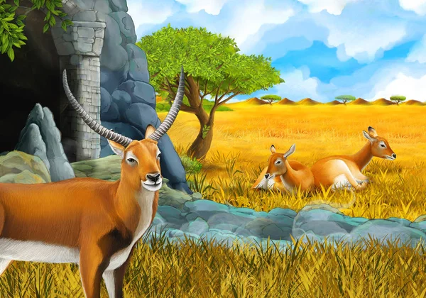 卡通片中的狩猎场景，羚羊一家在靠近山水图解的草地上，为孩子们服务 — 图库照片