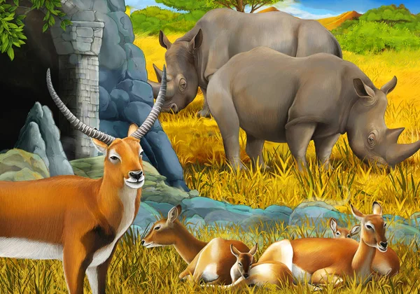 Cartoon safari scene with antelope family rhinoceros rhino and giraffes on the meadow near the mountain illustration for children — Stock Photo, Image