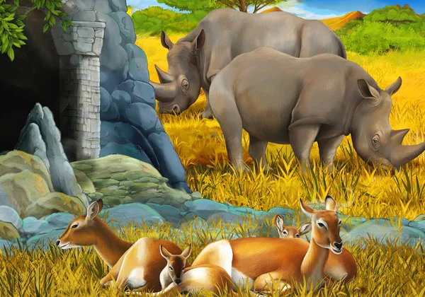 Dessin animé safari scène avec famille d'antilopes et rhinocéros rhinocéros sur la prairie près de la montagne illustration pour enfants — Photo