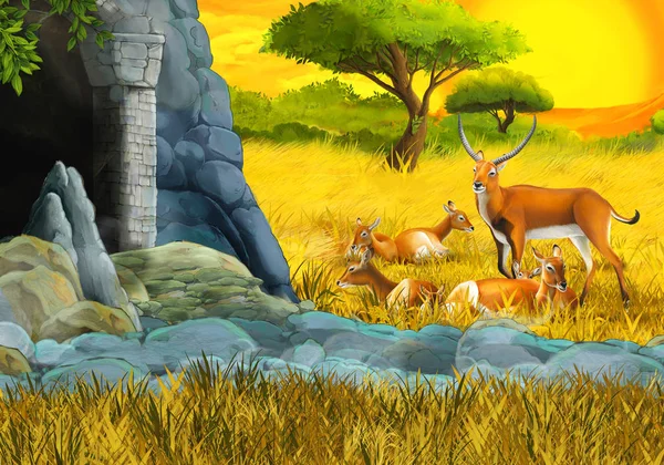 Dessin animé safari scène avec antilope famille sur la prairie près de la montagne illustration pour les enfants — Photo