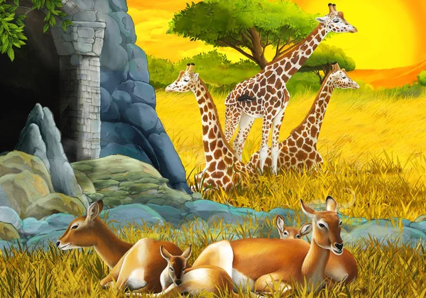 Kreslená safari scéna s antilopí rodinou a žirafami na louce u horské ilustrace pro děti — Stock fotografie