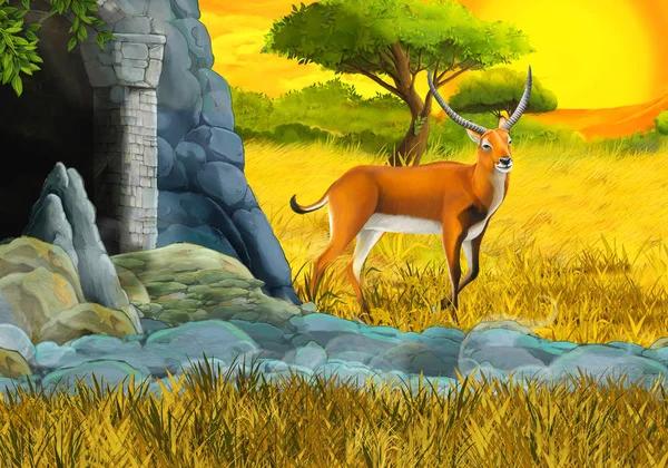 Cartoon safari scene met antilopen familie op het weitje in de buurt van de berg illustratie voor kinderen — Stockfoto