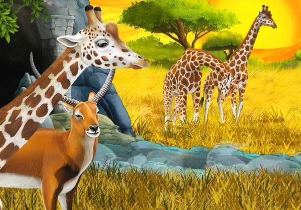 Tecknad safari scen med antilop familj och giraffer på ängen nära berget illustration för barn — Stockfoto