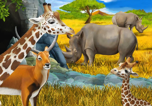 Cartoon safari scene with antelope family rhinoceros rhino and giraffes on the meadow near the mountain illustration for children — 스톡 사진