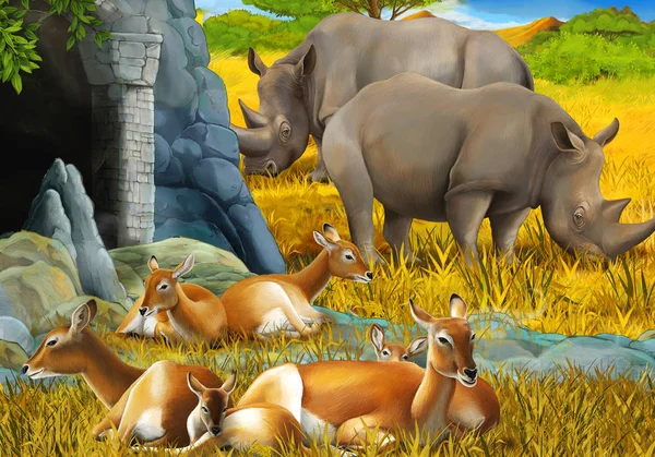 Rajzfilm szafari jelenet antilop család orrszarvú orrszarvú és zsiráfok a réten közel a hegy illusztráció gyerekeknek — Stock Fotó