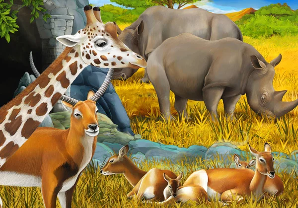 Cartoon safari scene with antelope family rhinoceros rhino and giraffes on the meadow near the mountain illustration for children — Stock Photo, Image