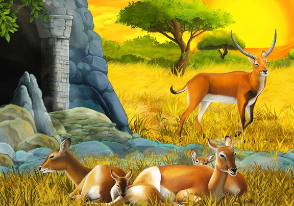 Dessin animé safari scène avec antilope famille sur la prairie près de la montagne illustration pour les enfants — Photo