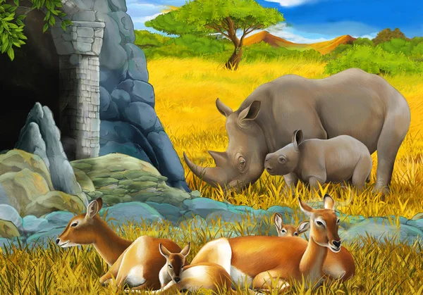 Antilop ailesi ve gergedanlı çizgi film safari sahnesi çocuklar için dağ çiziminin yakınındaki çayırda. — Stok fotoğraf
