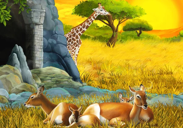 Мультяшна сафарі сцена з сім'єю антилопів і жирафів на лузі біля гірської ілюстрації для дітей — стокове фото