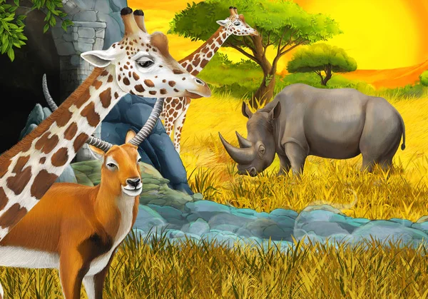 cartoon safari scene with antelope family rhinoceros rhino and giraffes on the meadow near the mountain illustration for children