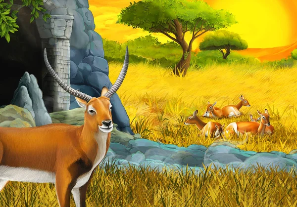 Cartoon safari scene with antelope family on the meadow near the mountain illustration for children — Stock Photo, Image