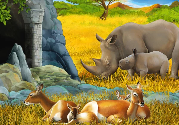 Cartoon-Safari-Szene mit Antilopenfamilie und Nashorn auf der Wiese am Berg Illustration für Kinder — Stockfoto