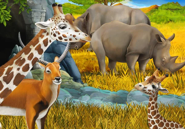 Cartoon safari scene with antelope family rhinoceros rhino and giraffes on the meadow near the mountain illustration for children — 스톡 사진