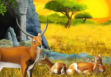 çocuklar için dağların yakınındaki çayırda antilop ailesinin olduğu çizgi film safari sahnesi