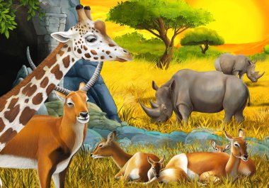cartoon safari scene with antelope family rhinoceros rhino and giraffes on the meadow near the mountain illustration for children clipart