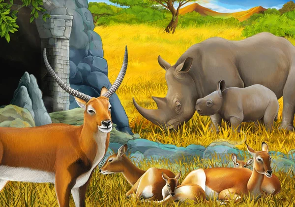 Мультяшна сафарі сцена з сімейством антилопів носоріг носоріг і жирафів на лузі біля гірської ілюстрації для дітей — стокове фото