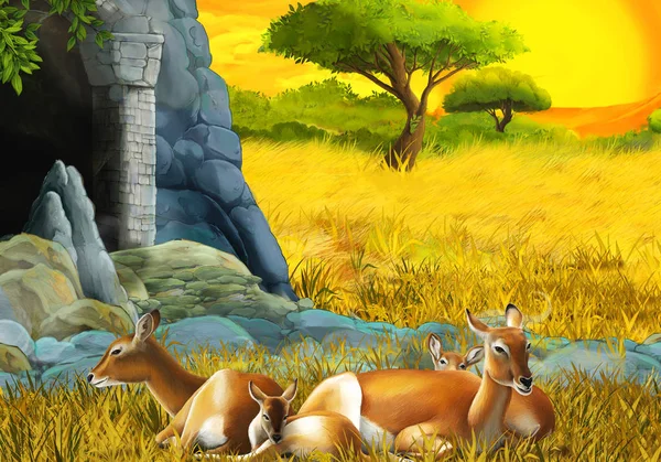 Rajzfilm szafari jelenet antilop család a réten, közel a hegy illusztráció gyerekeknek — Stock Fotó