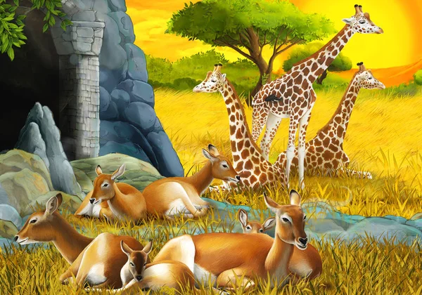 Dessin animé scène safari avec famille d'antilopes et girafes sur la prairie près de la montagne illustration pour enfants — Photo